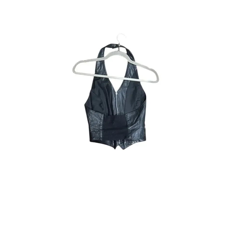 Wilson Leather Black Halter Vest Biker Crop Vintage 90s Small - Picture 3 of 6